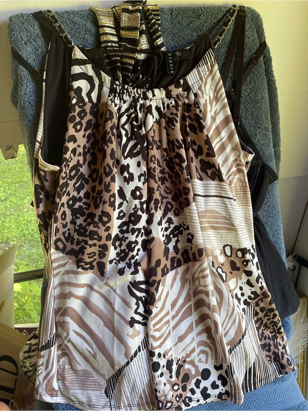 Sonia Rykiel Black and Tan Printed Tank with Chain Detail